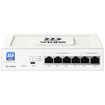 WiTek WK-PS206 PoE-коммутатор WK-PS206 имеет 4 PoE-порта 10/100 Мбит/с и 2 uplink-порта 10/100 Мбит/с RJ45. Поддерживает режим расширения до 250 м, Port VLAN и функцию PD Alive, автоматически перезагружающую неоткликающиеся PoE-устройства (включается чере
